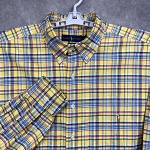 Ralph Lauren Button Shirt Mens XLT Tall Yellow Plaid Flesh Pony Classic Fit Prep